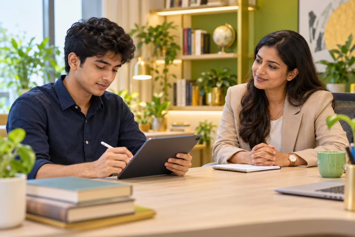 Student completing a questionnaire with professional guidance